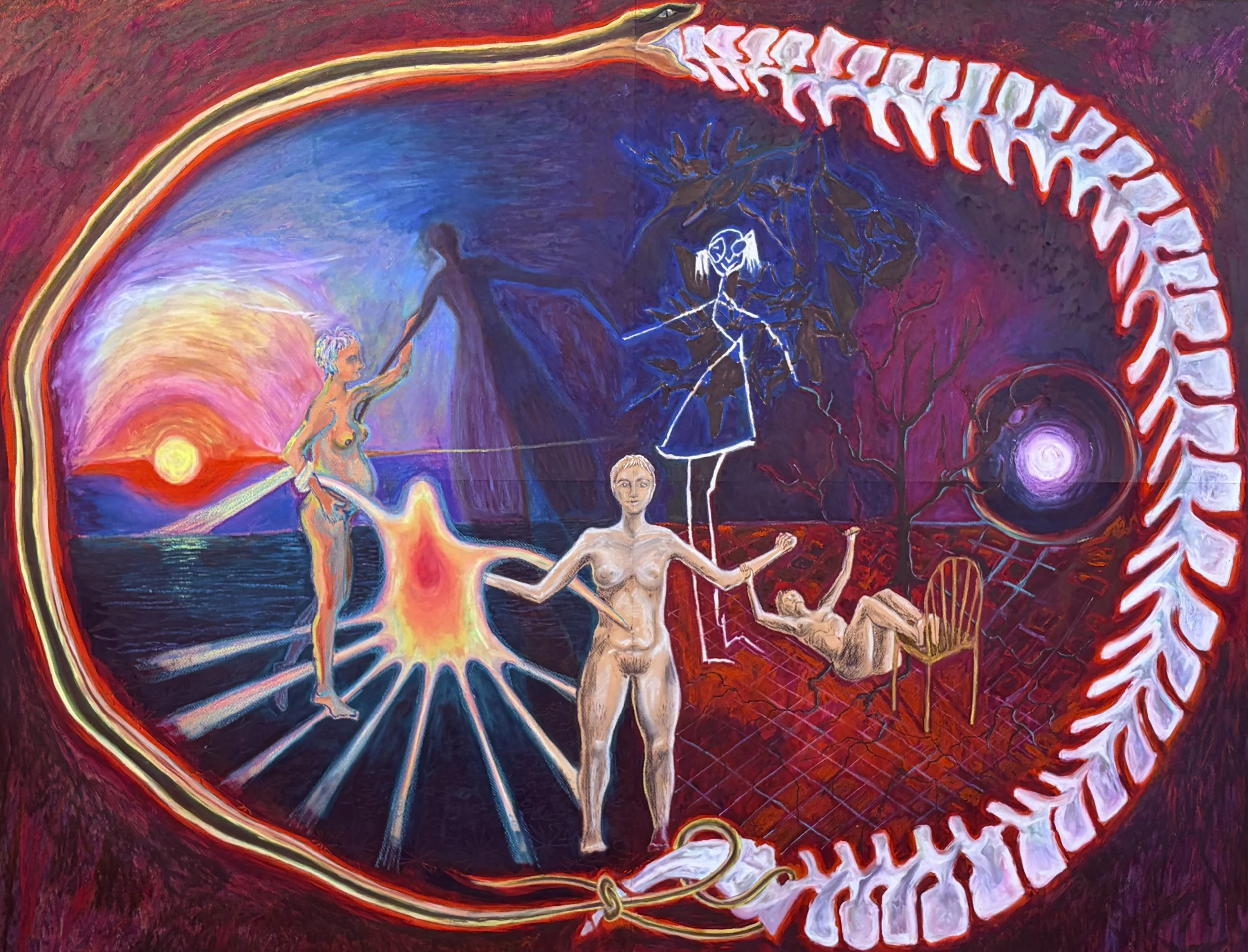 Cycles, 39 x 49.5 inches; oil, charcoal, and pastel on paper; 2025