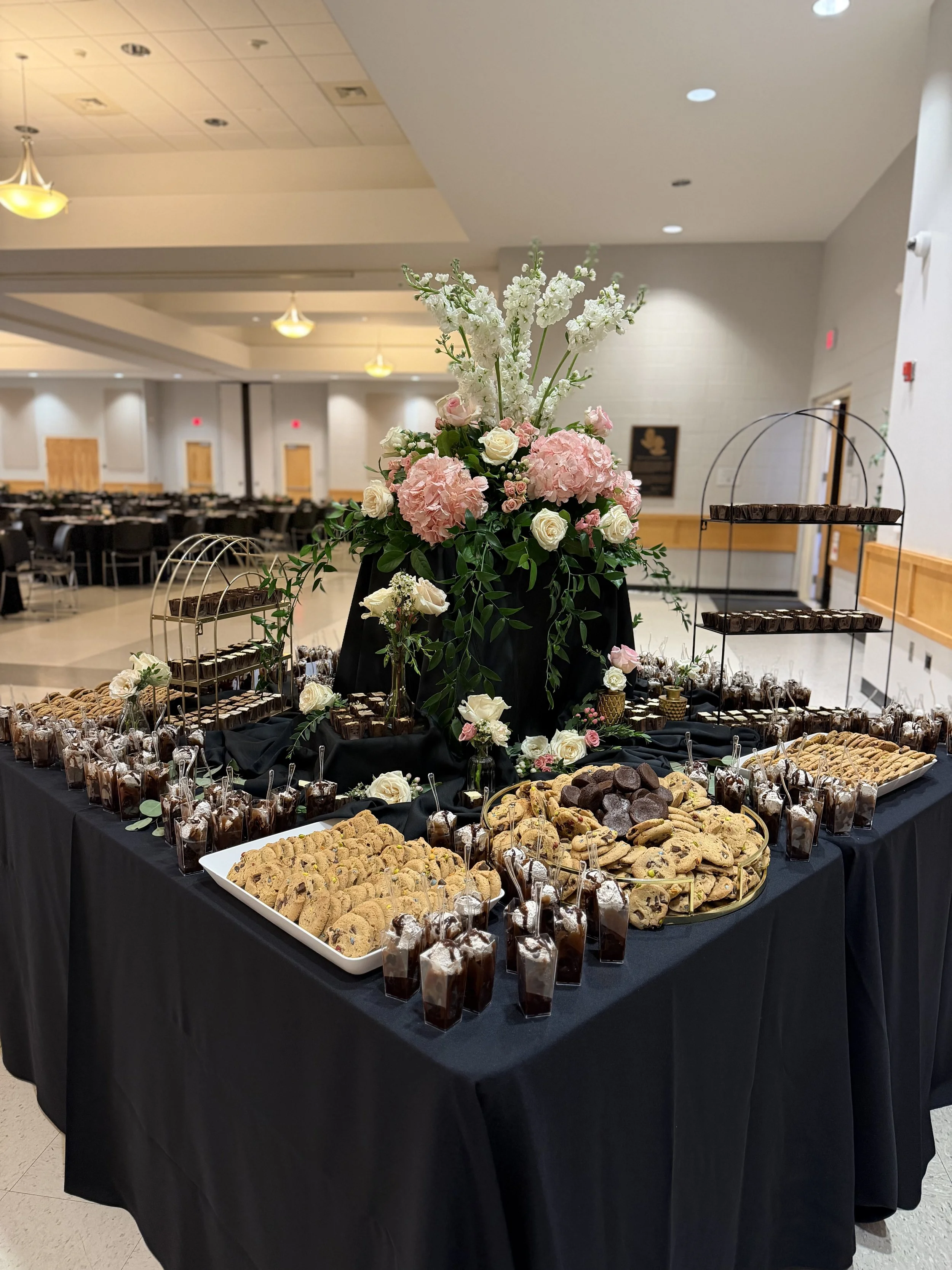 Elegant dessert display by Brandy’s Catering Co. for a wedding or corporate event