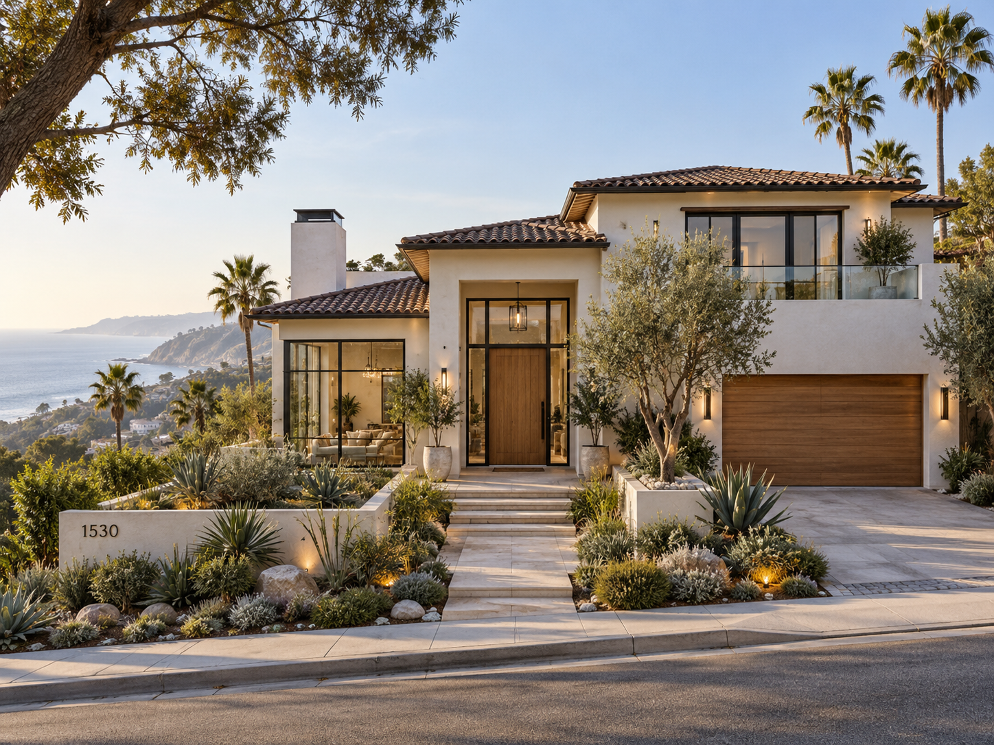 Modern two-story house with stucco walls, red tile roof, large glass windows, and a wooden garage door, surrounded by desert plants, trees, and overlooking a coastal view at sunset.
