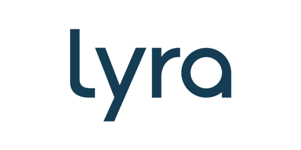The word "lyra" in large, dark blue lowercase letters, with a black background.