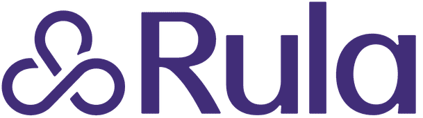Logo with a purple symbol resembling a wrapped ribbon and the word 'Rula' in purple text.