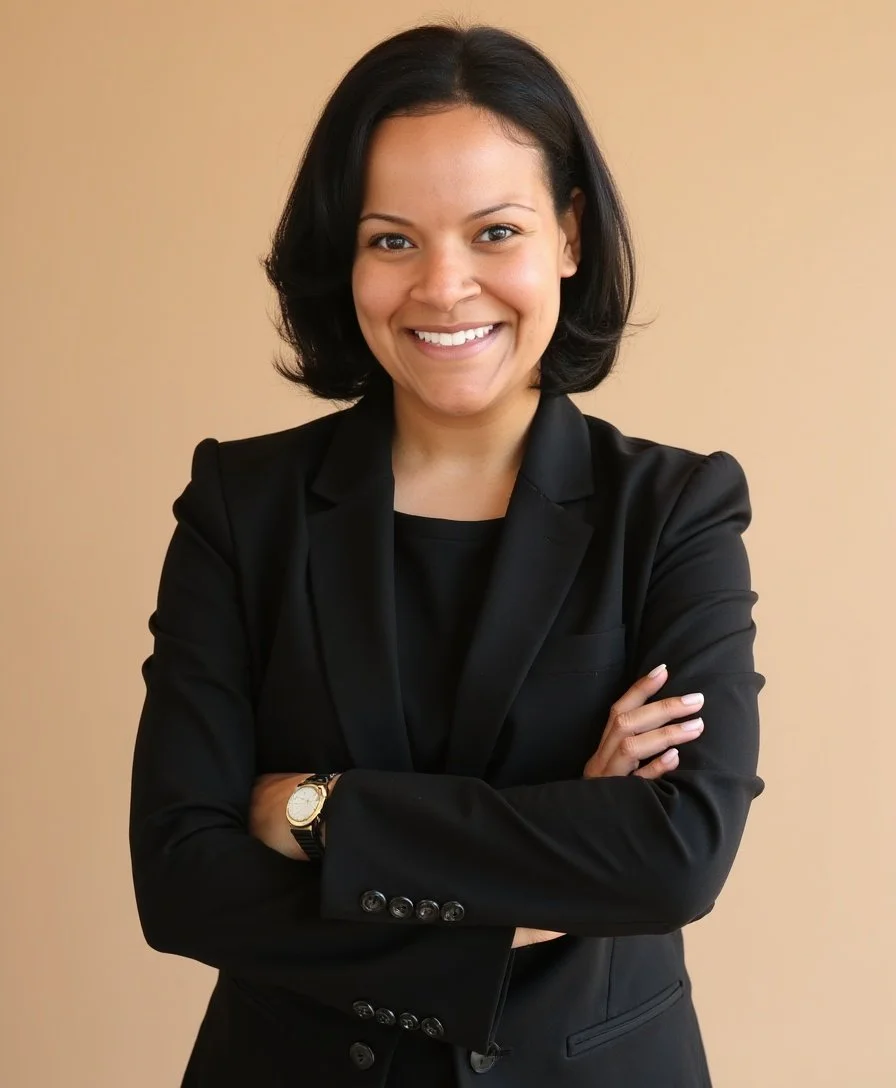 A professional woman with medium-length black hair, smiling with arms crossed, wearing a black blazer and a watch, standing against a beige background.