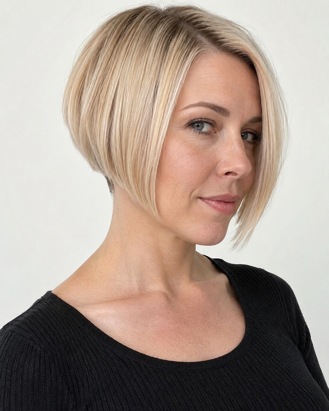 A woman with short blonde hair, blue eyes, and fair skin, wearing a black top, looking slightly to the right, with a neutral background.