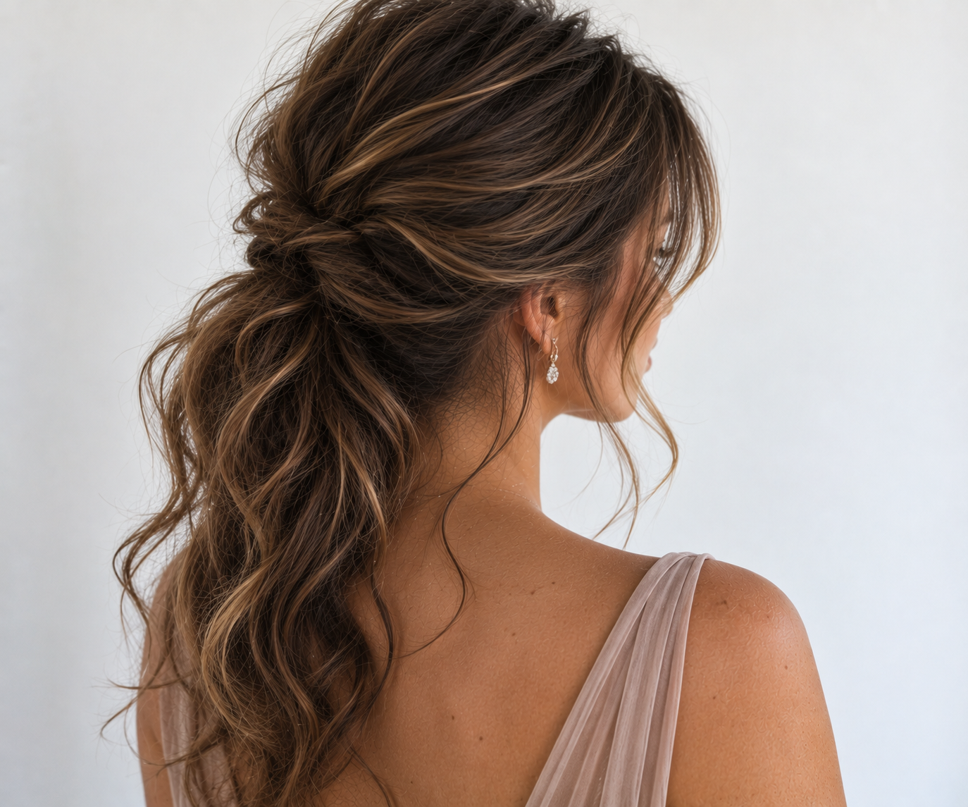 Close-up of a woman's back and side profile with brunette, wavy hair styled in an elegant half-up, half-down hairstyle, wearing a teardrop earring and a beige sleeveless dress.