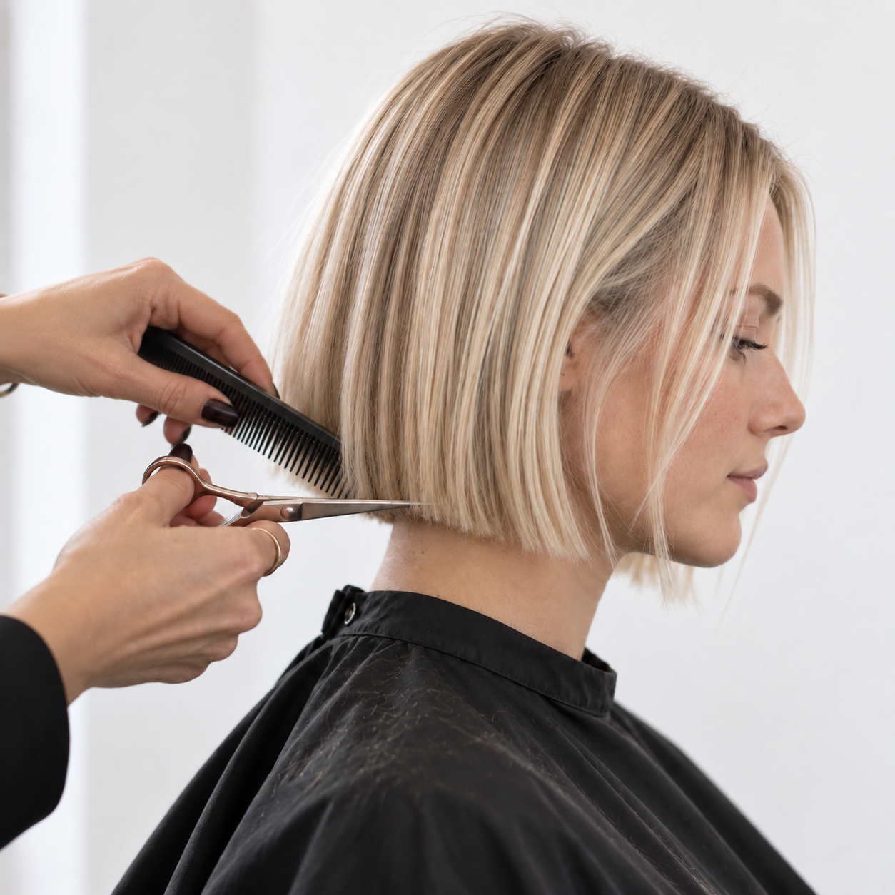 Woman with blonde, shoulder-length hair getting a haircut with scissors and a comb in a salon.