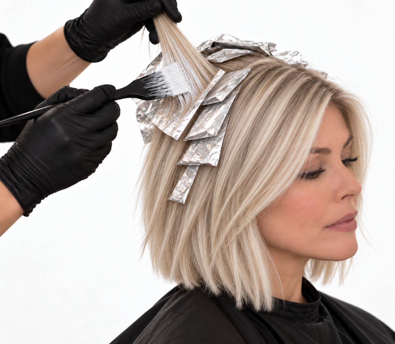 A woman with blonde hair getting her hair highlighted by a stylist using foils, a brush, and gloves.