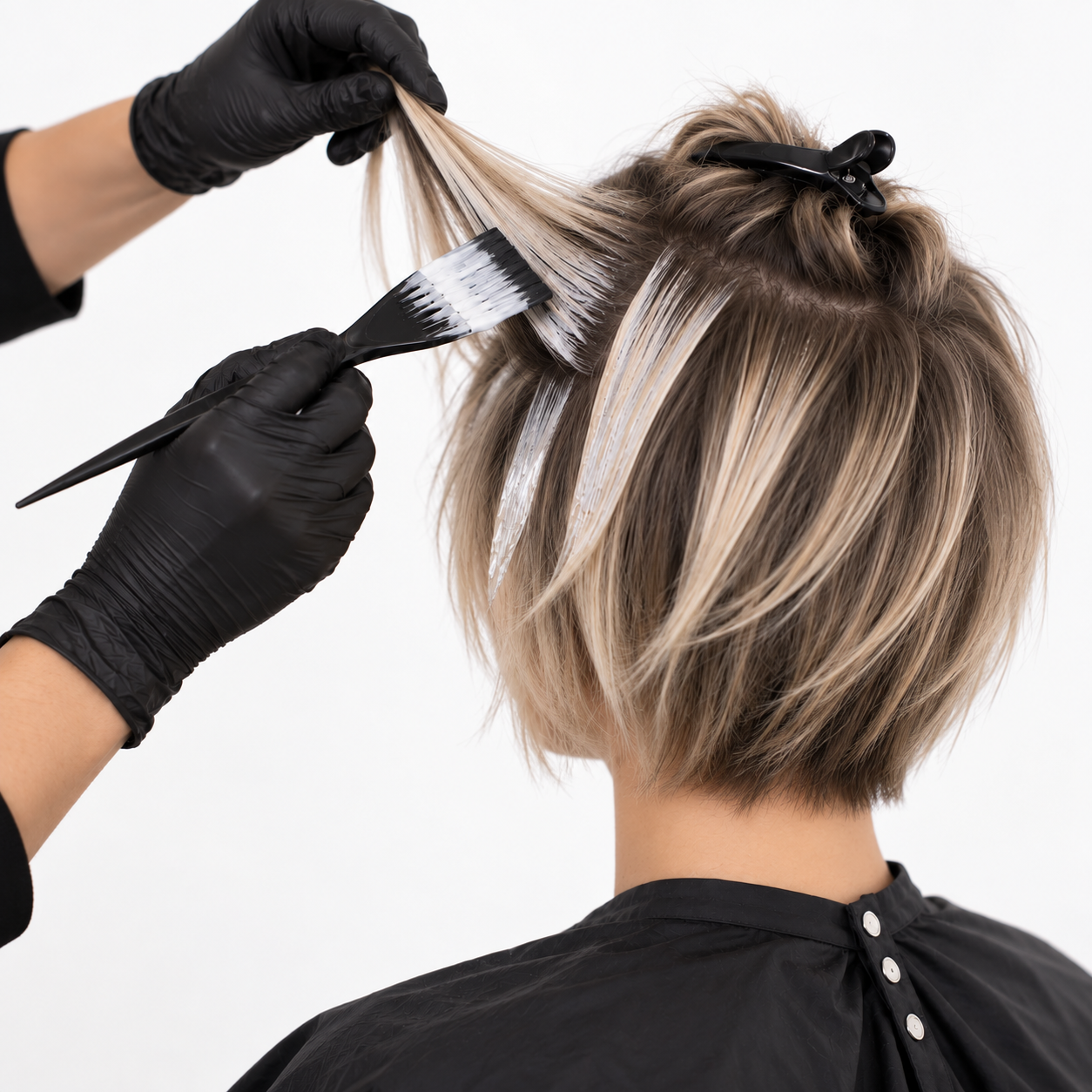 A person getting highlights dyed in their short, layered blonde hair by a stylist wearing black gloves in a salon.