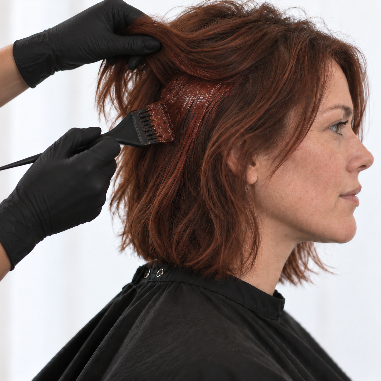 A woman with red hair is getting her hair colored by a hairstylist wearing black gloves, applying hair dye with a brush.