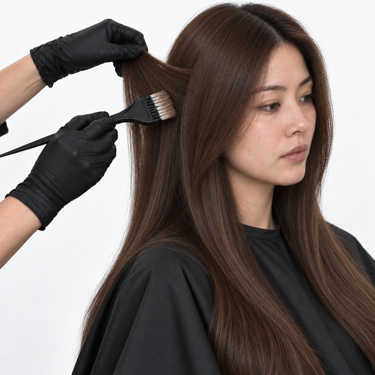 Hairdresser in black gloves combing and styling a woman's long, straight brown hair against a white background.