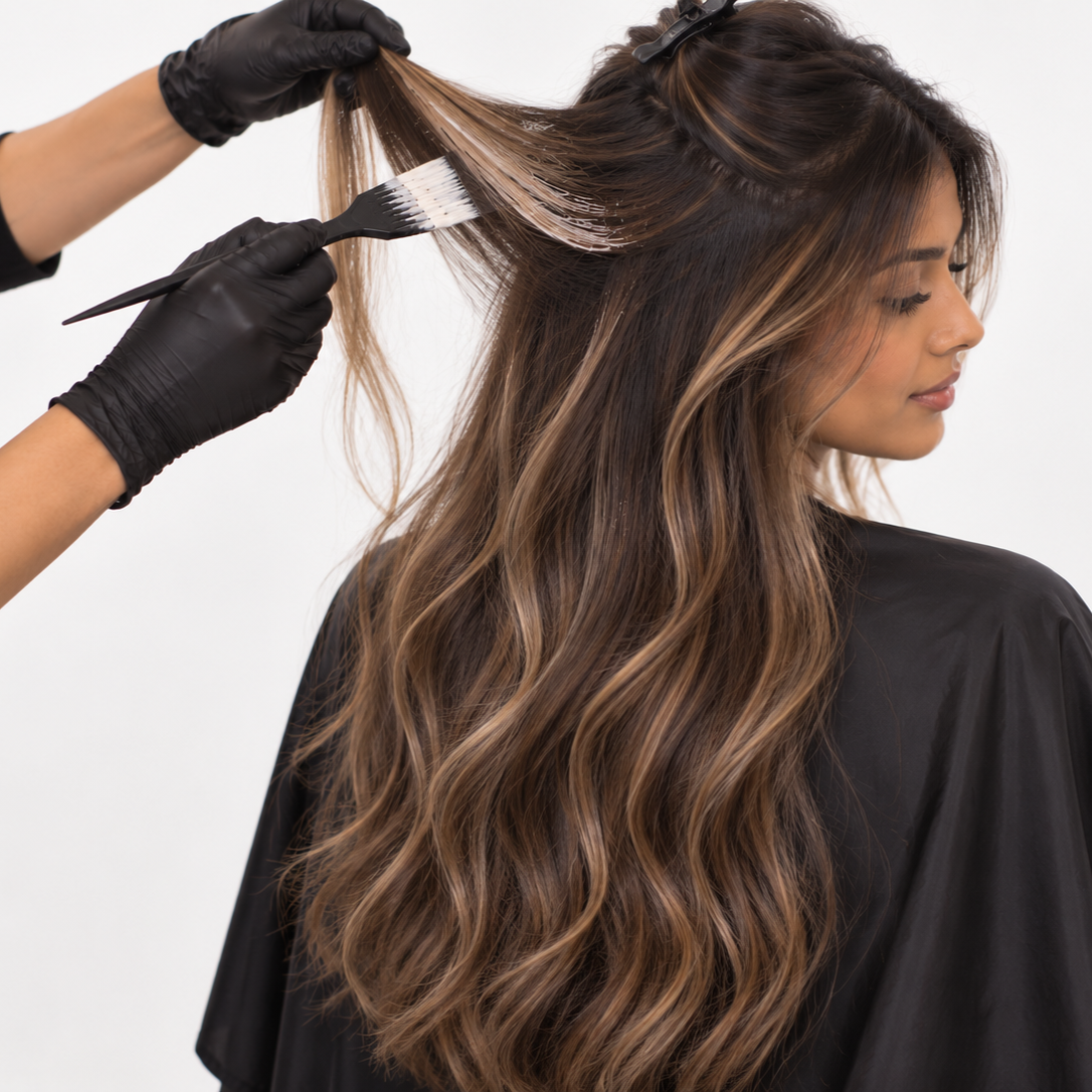 A woman receiving hair coloring treatment, with a stylist applying color to her long, wavy, brown hair.