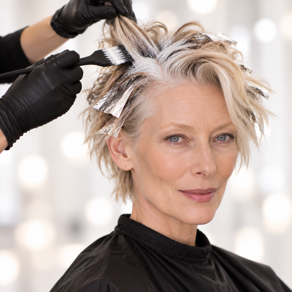 Woman with short blonde hair getting hair color treatment with foil and brush at salon.