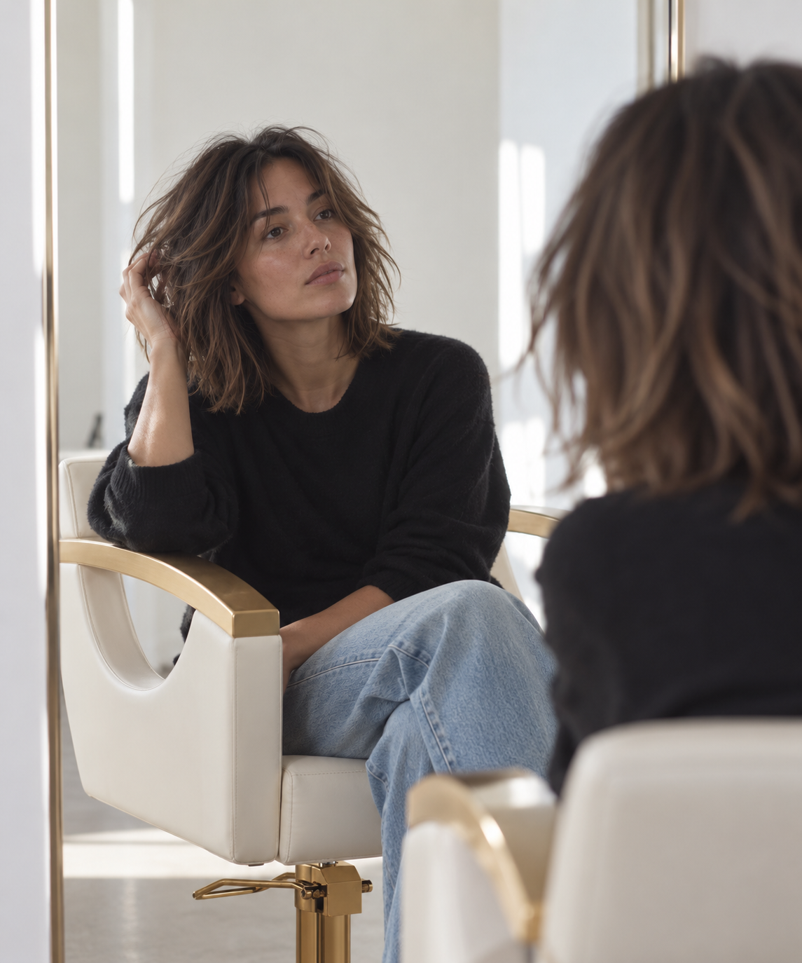 Woman with wavy brown hair sitting in a chair, looking at herself in a mirror, wearing a black sweater and blue jeans.