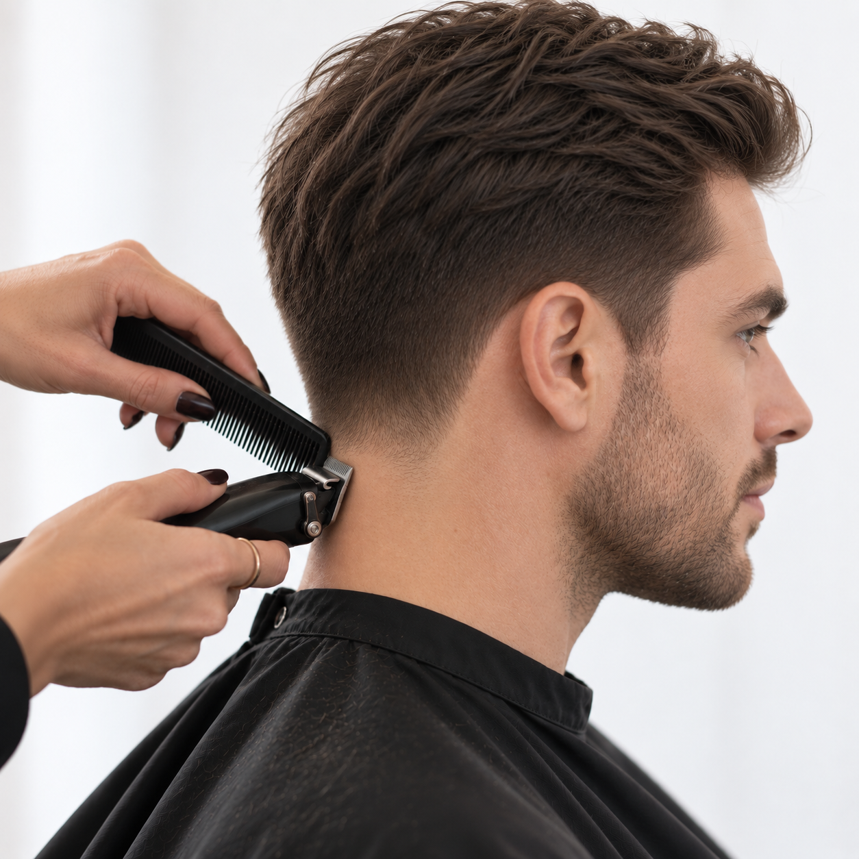 A man getting a haircut with an electric trimmer near the back of his head, with hairstylist's hands visible.