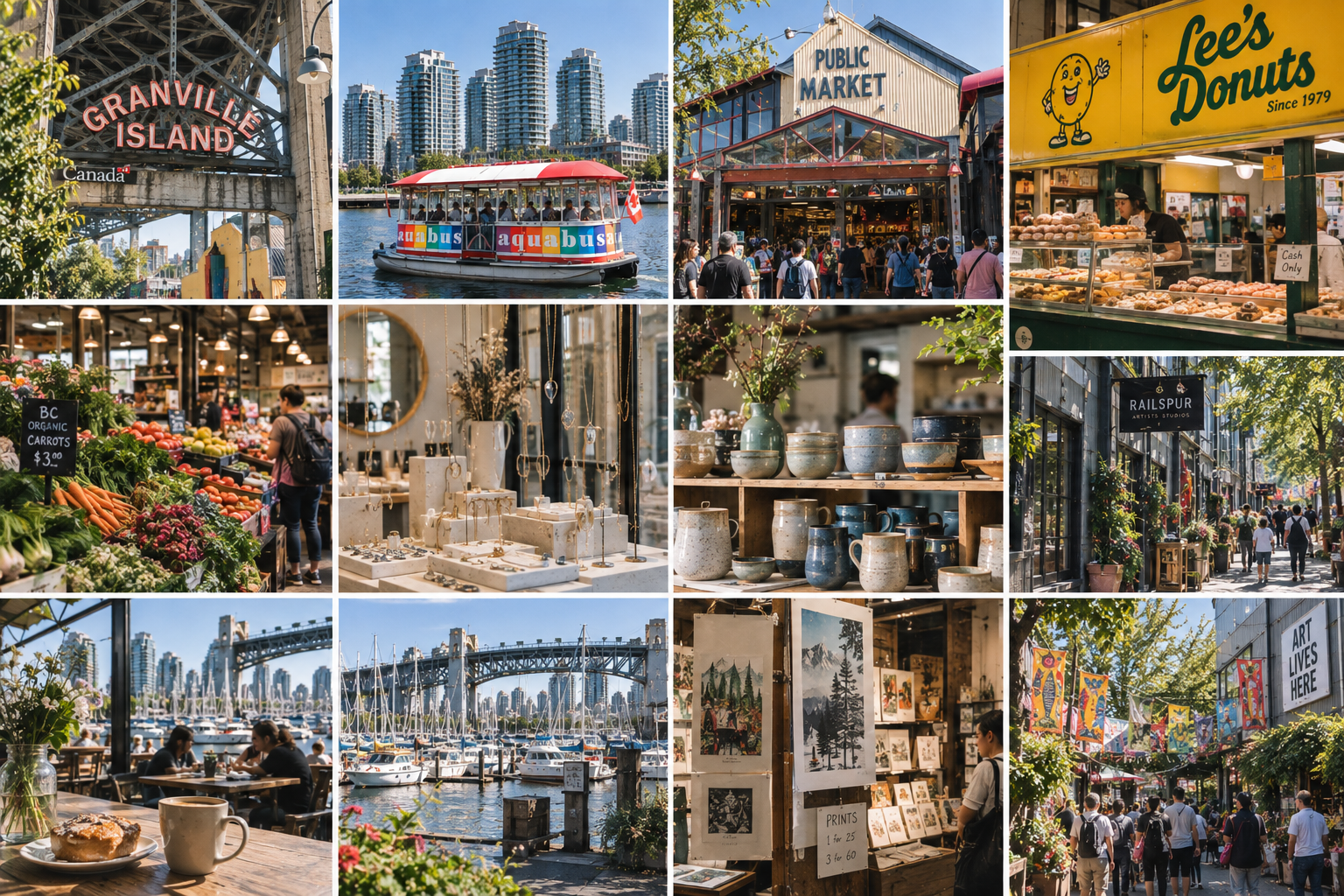 Collage of scenes from Granville Island, Vancouver, including the Granville Island sign, a boat on the water, the public market entrance, Lee's Donuts shop, a produce stand, jewelry display, pottery shop, a street with art galleries, marina with sailboats, cafe with people, art prints on display, and a street with art and people walking.