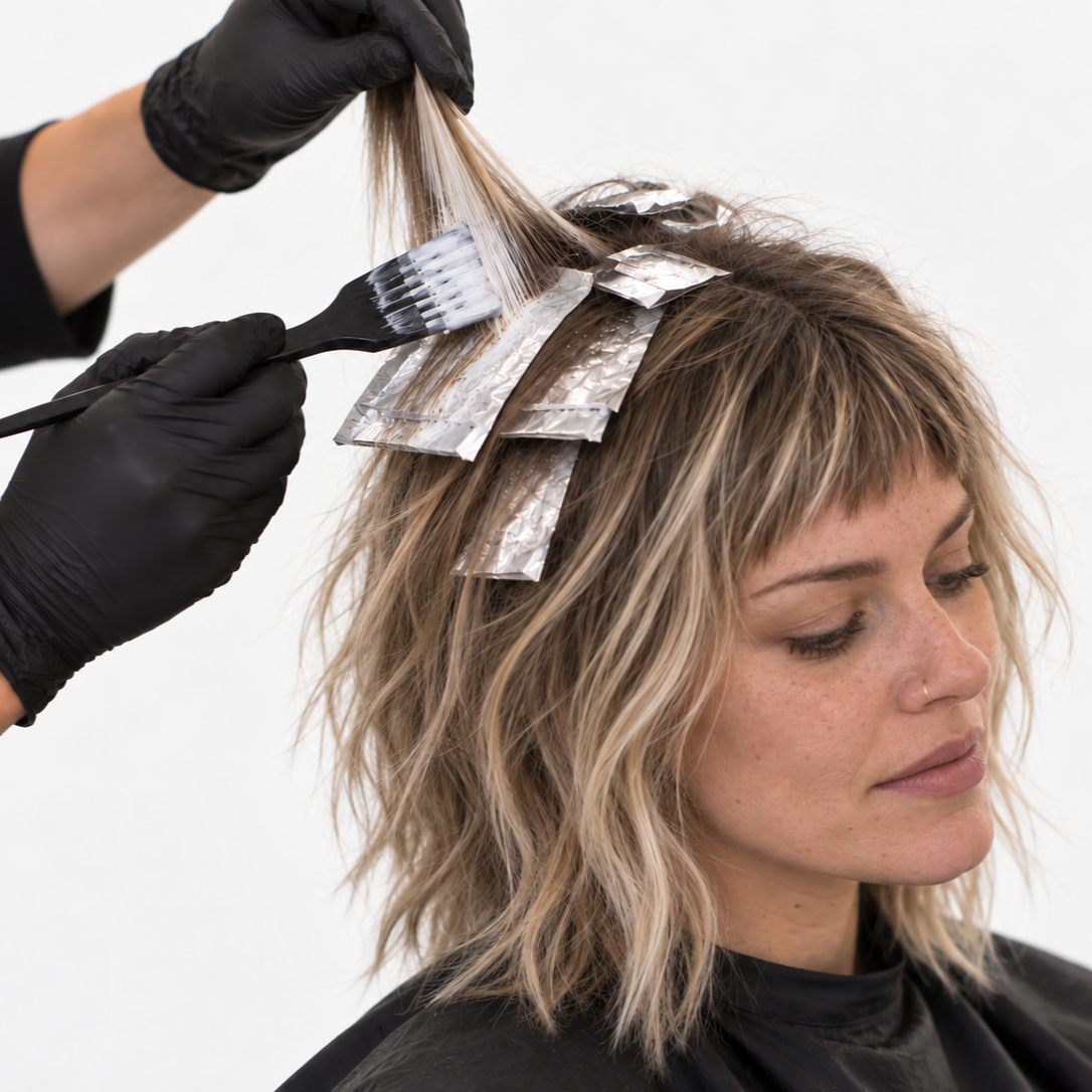 A woman with wavy blonde hair getting hair highlights applied using foils, with a stylist painting on hair in a salon.