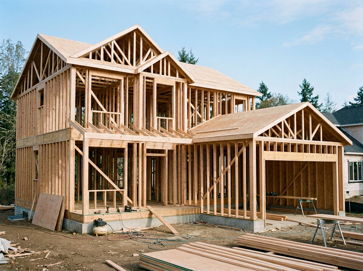 A two-story house under construction with wooden framing and roof trusses, surrounded by construction tools and materials on the ground.