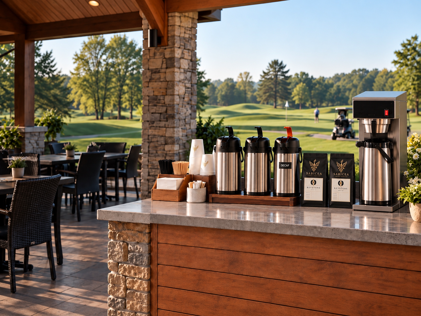 Coffee station on patio overlooking a golf course with green grass and trees, featuring stainless steel coffee urns, coffee bags, cups, and a hot water dispenser.