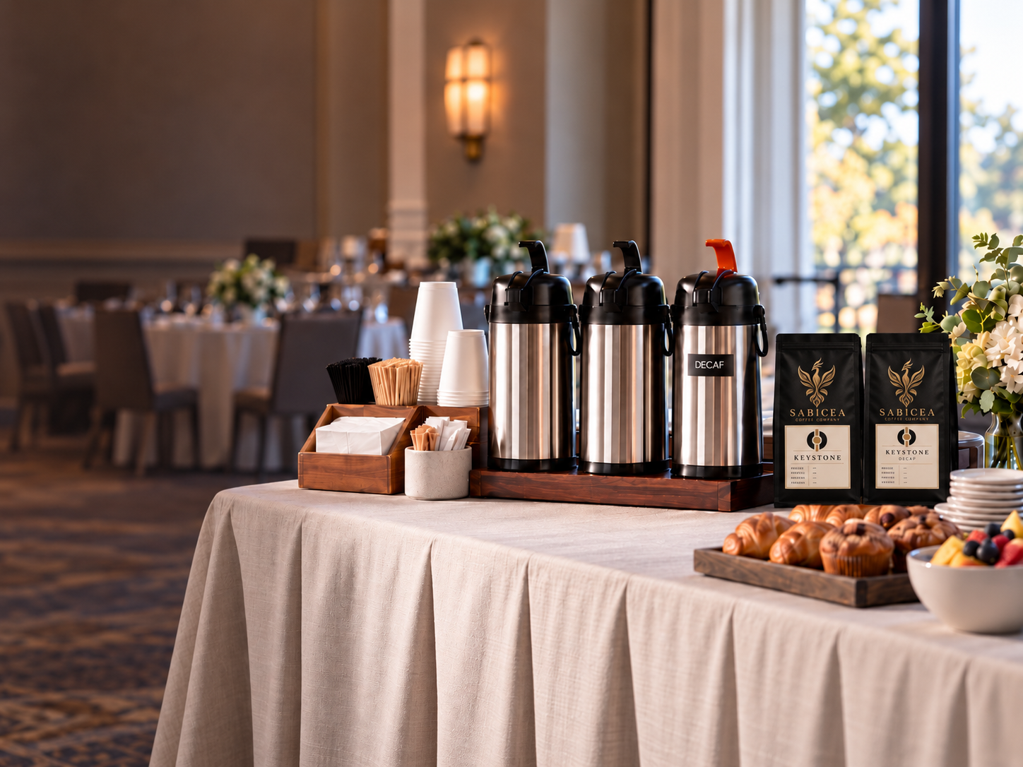 Coffee station with stainless steel dispensers labeled 'Decaf' and regular coffee, napkins, cups, stir sticks, and coffee beans, set up at a banquet hall with dining tables and floral arrangements in the background.