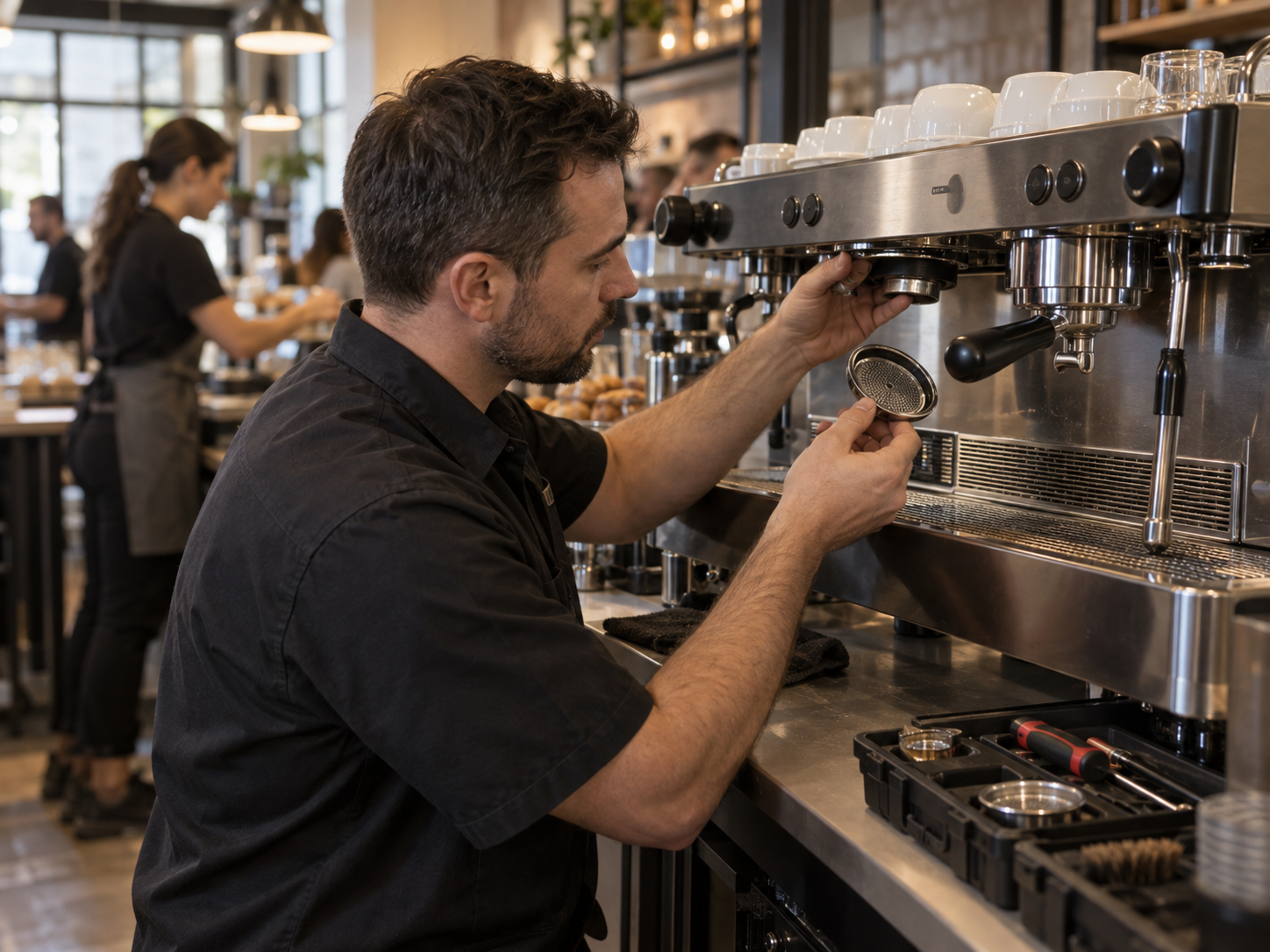 A man in a black shirt making espresso coffee on a commercial espresso machine in a busy cafe, with staff and customers in the background.