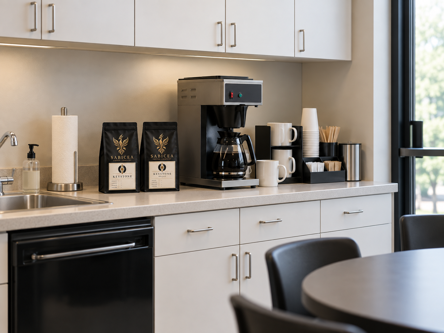 Coffee station in a kitchen with a coffee machine, coffee mugs, coffee bags, paper towels, and a window view.