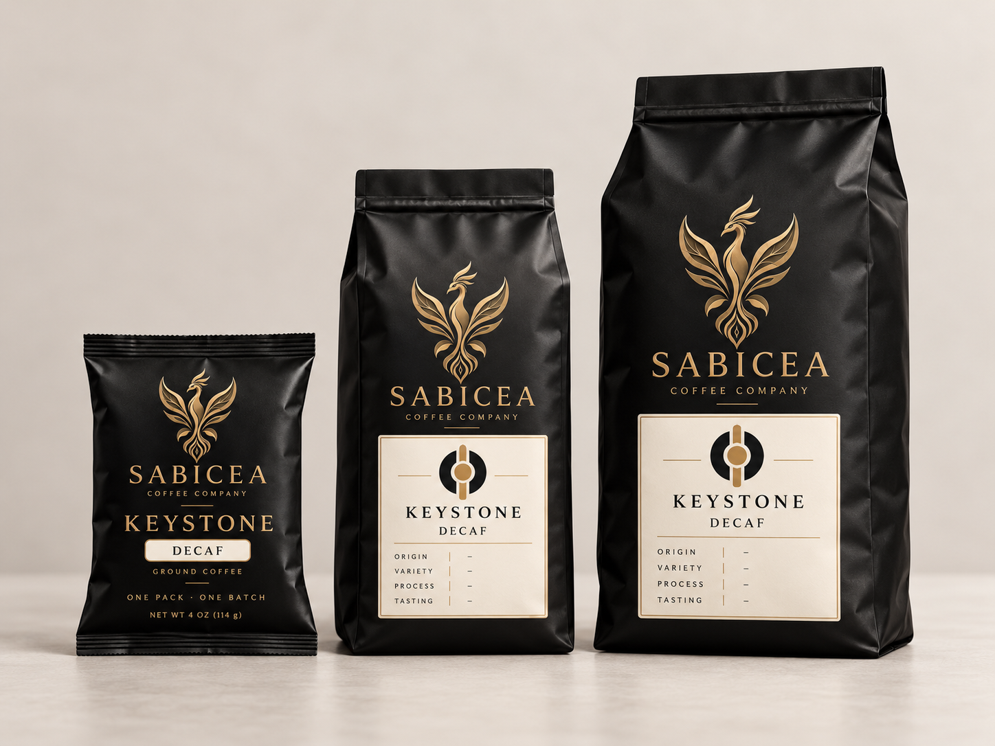 Three black bags of Sabicea Coffee Company decaf Keystome ground coffee of different sizes, featuring a golden phoenix logo and white labels with black and gold text, set against a plain background.