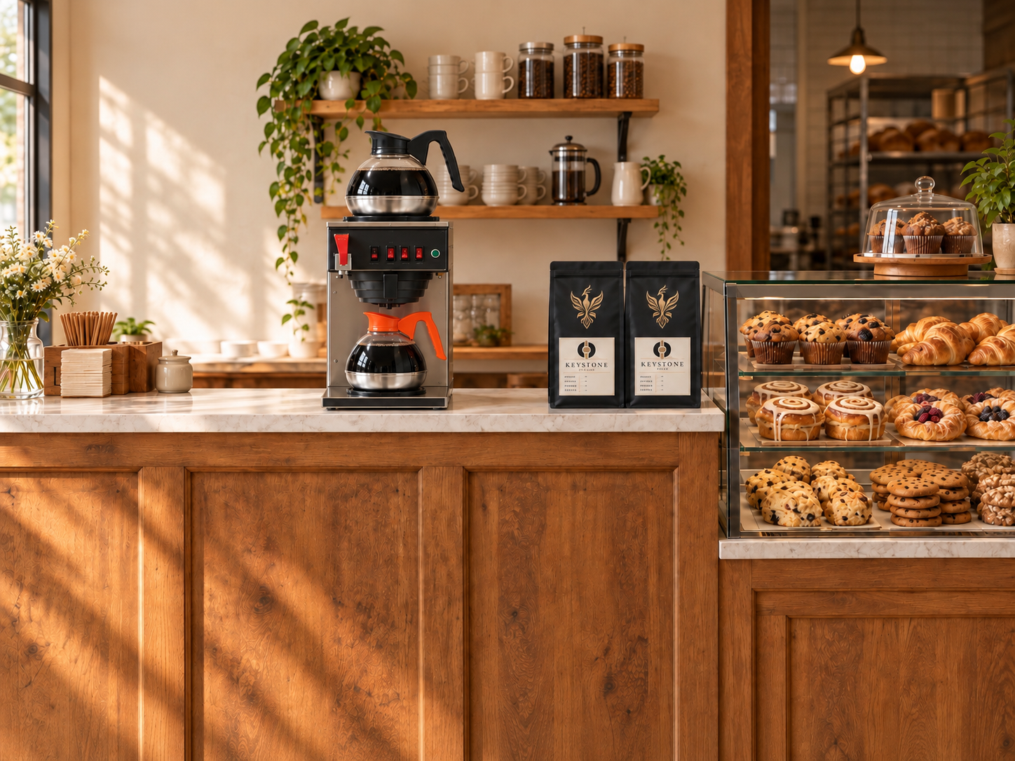 Coffee maker on a marble counter with two glass pots, one with black coffee and one with brewing coffee, two black bags of Keystone coffee, and a glass display case filled with muffins, croissants, and cookies in a cozy cafe with wooden decor and plants.