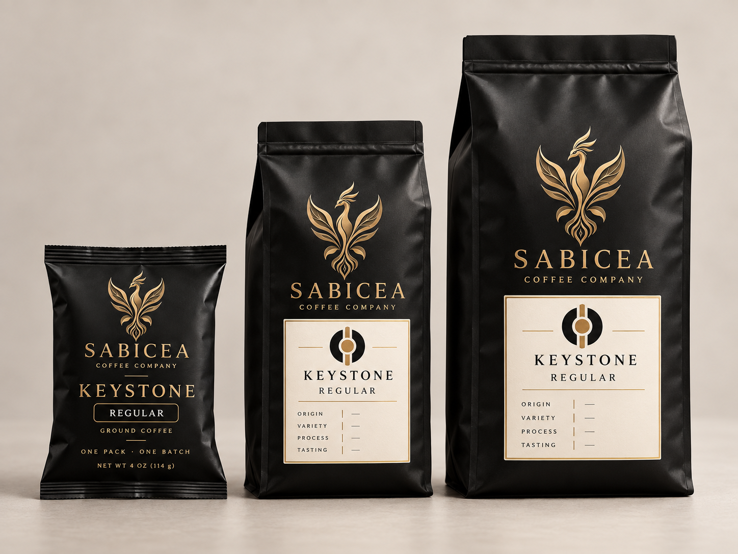 Three packages of Sabicea Coffee Company Keystone regular ground coffee in different sizes, with black packaging and gold accents, featuring a phoenix logo.