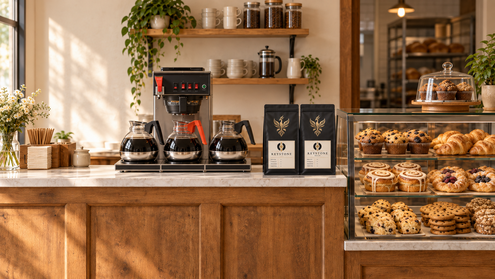 Coffee station with three pots of brewed coffee, black coffee bags, bakery display case with muffins, croissants, and cookies, and decorative plants and flowers.