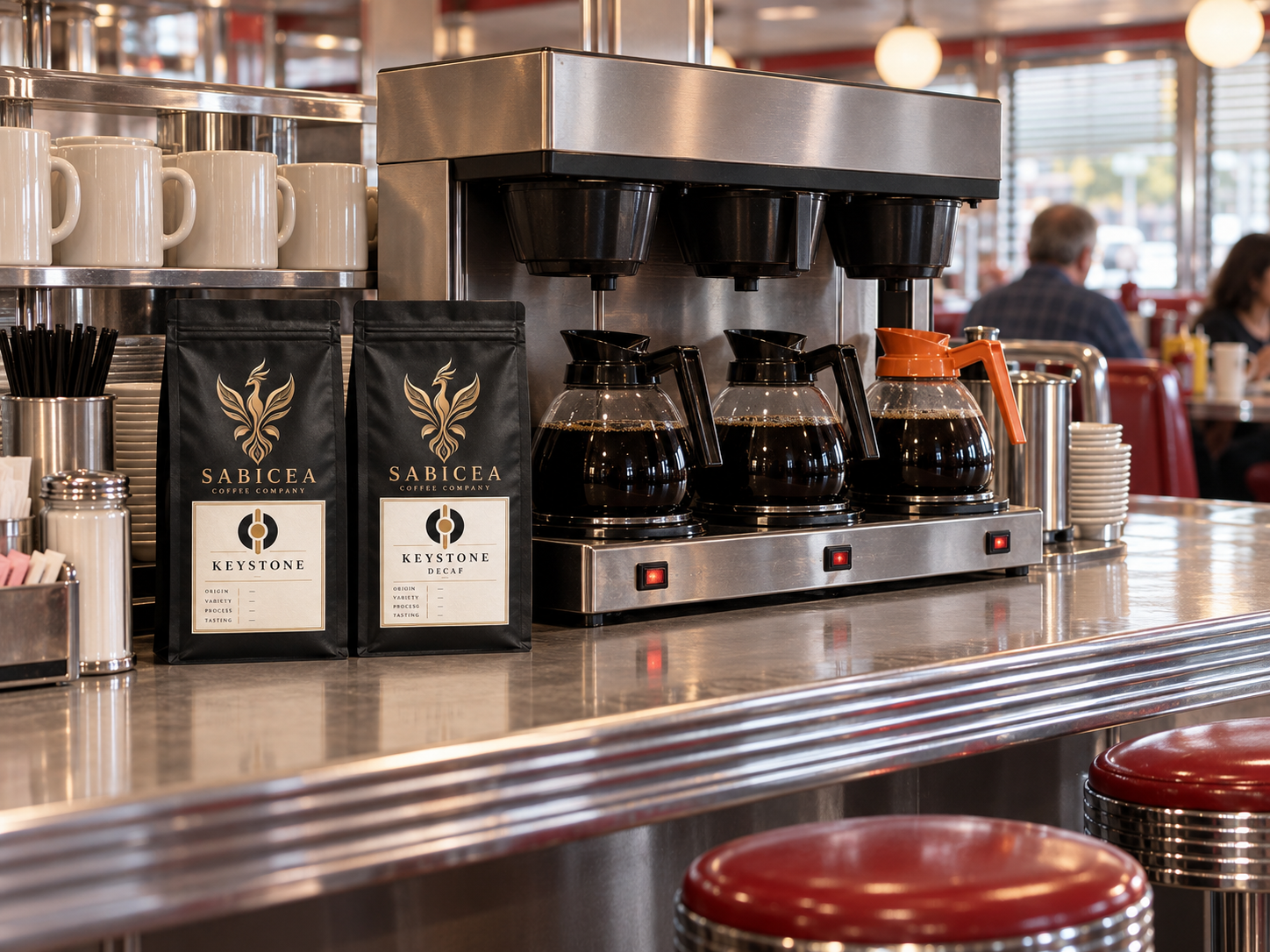 Coffee station in a diner with coffee pots, coffee bags, mugs, straws, and red stools.