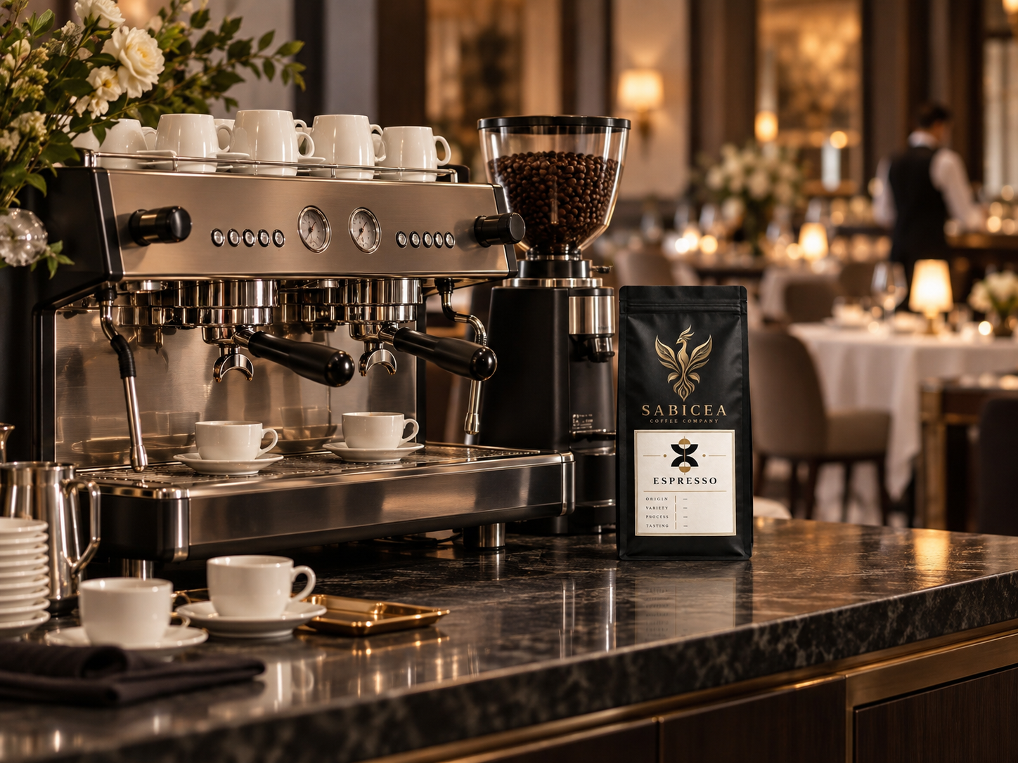 A professional espresso machine with cups on top, a grinder with coffee beans, and a bag of Sabicea espresso coffee on a marble countertop in a restaurant or café setting.