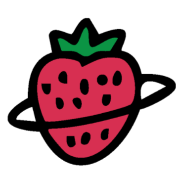 Stylized red strawberry with black seeds, green leaves, and a separated lower section on a black background