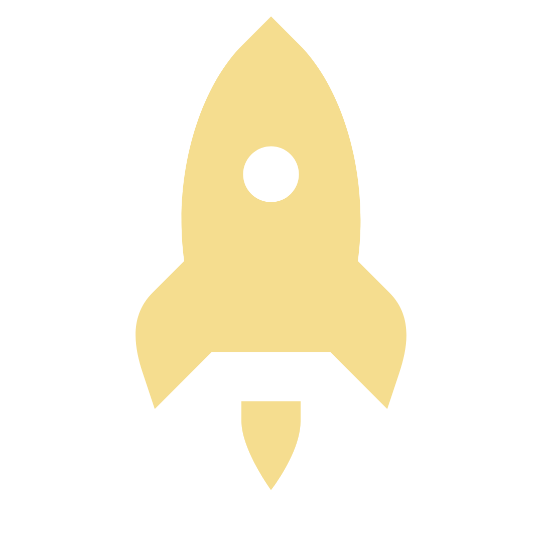 Yellow rocket icon with a circular window and flame on a dark green background