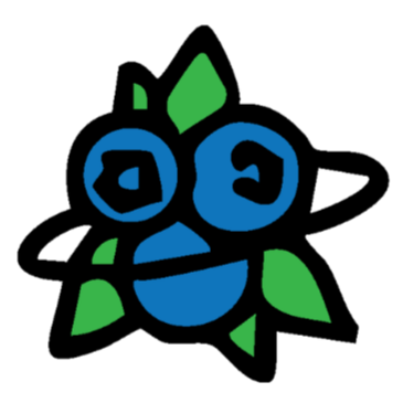 Colorful abstract cartoon face with blue eyes and mouth, green leaf-shaped features, and a black background
