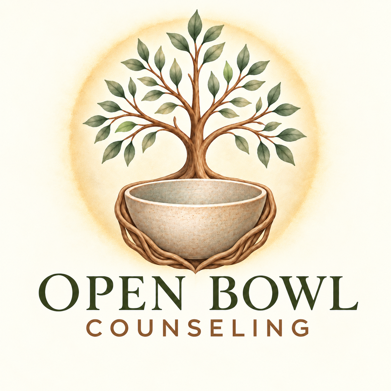 Logo for Open Bowl Counseling featuring a tree growing out of a ceramic bowl with a woven base