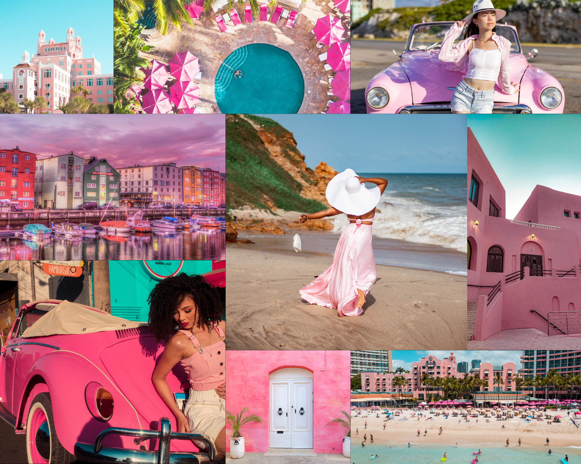 Collage of pink-themed travel scenes featuring pastel hotels, a tropical resort pool, pink vintage cars, women in pink vacation outfits, a beach, and colorful waterfront destinations.