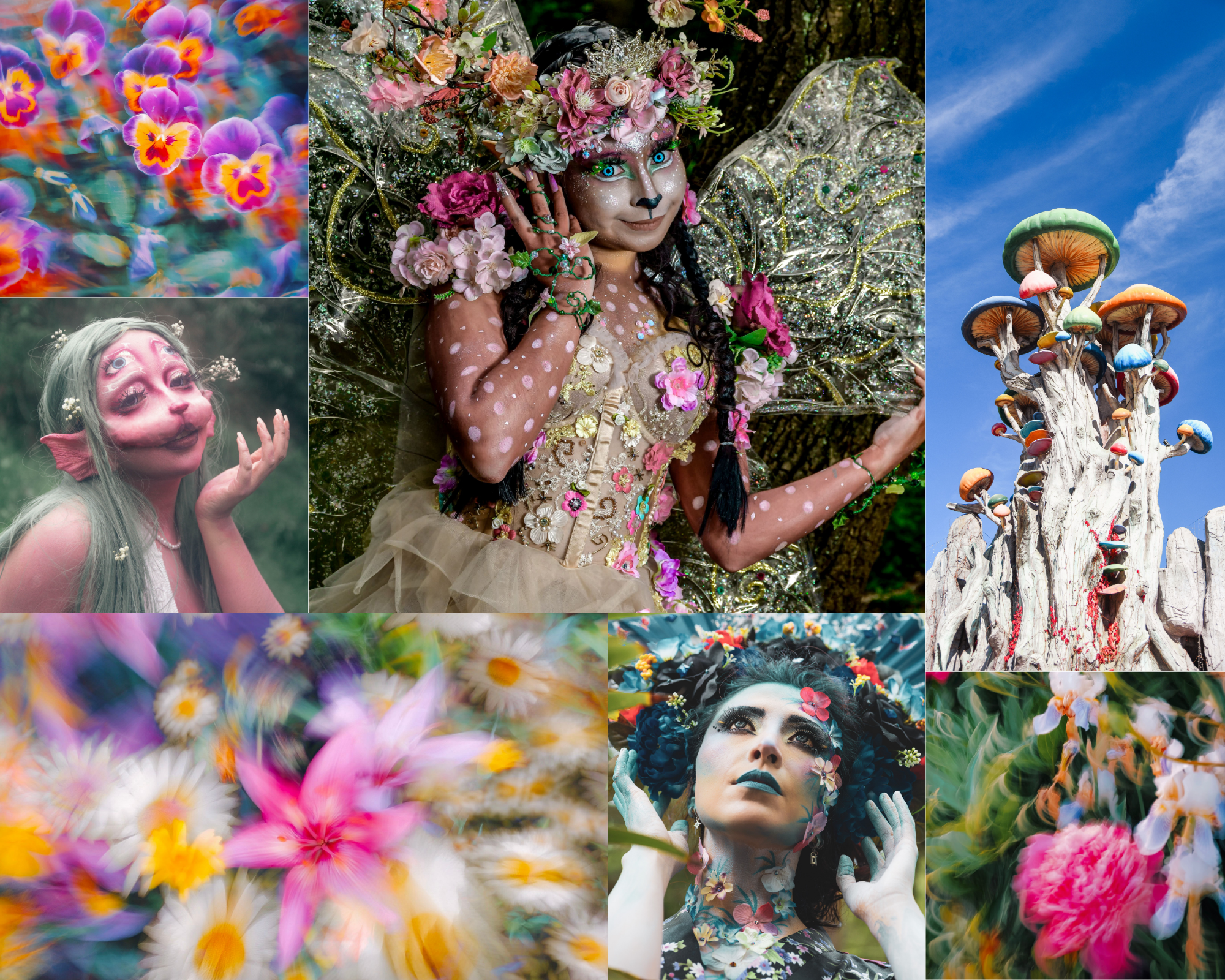 Dreamlike collage featuring flower fairies, fantasy-inspired portraits, colorful mushrooms, and softly blurred gardens filled with vivid blooms.
