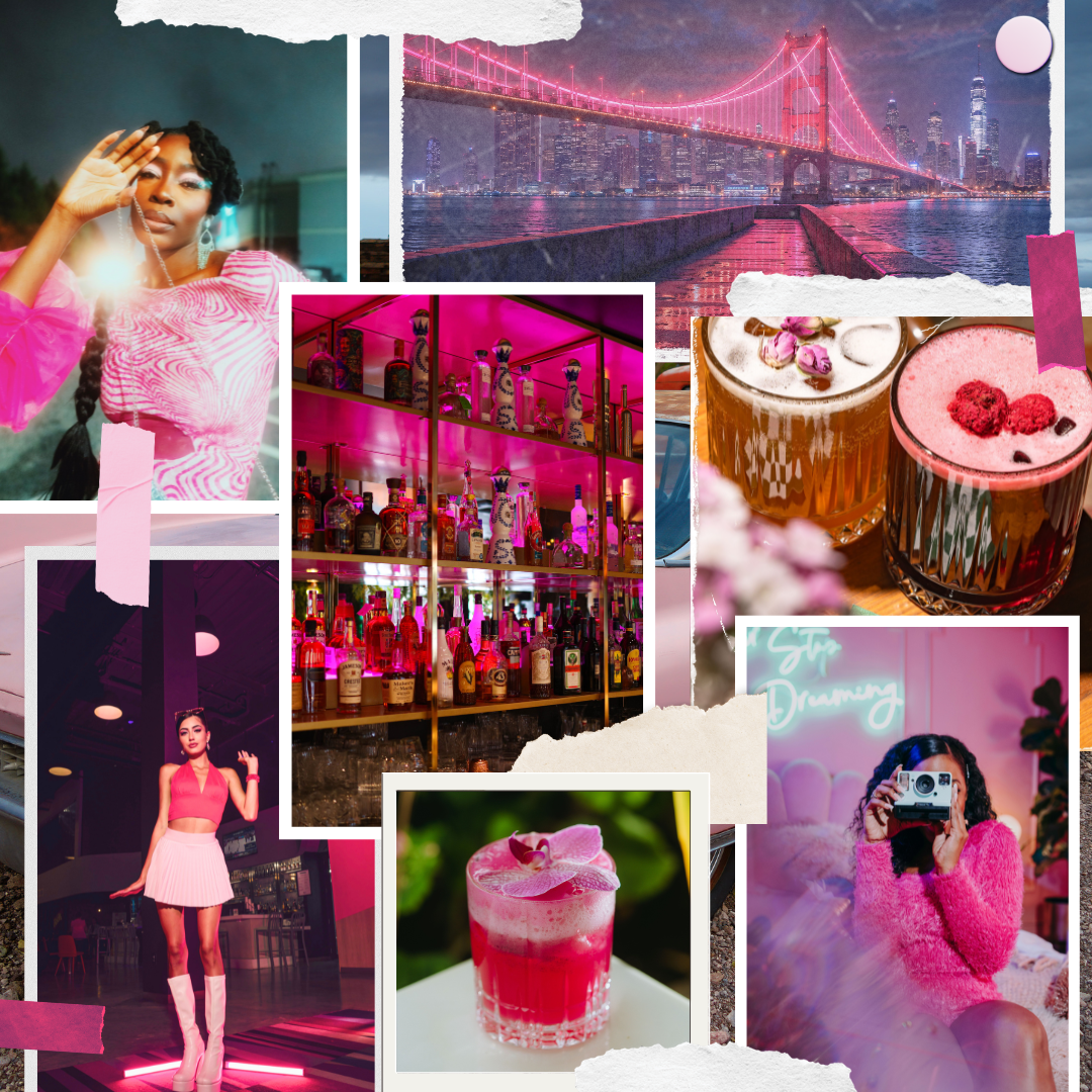 Collage of pink‑themed nightlife scenes featuring fashion looks, neon signs, pink cocktails, illuminated city views, and bar interiors, creating a nostalgic, aesthetic mood for a night out.