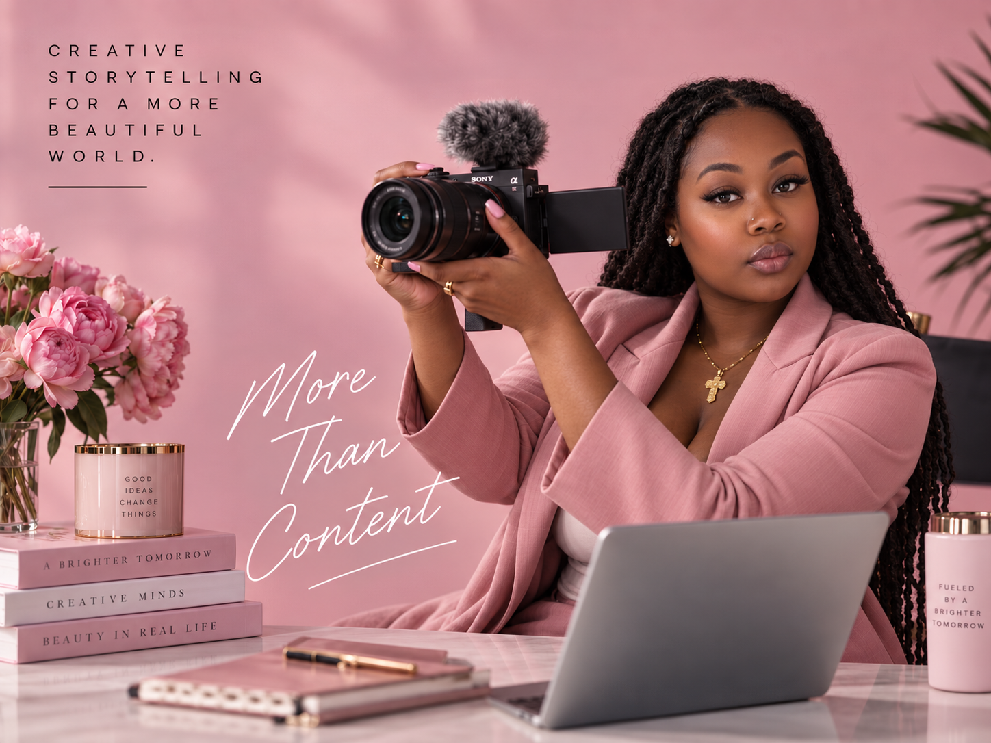A woman in a pink blazer sits at a desk, holding a camera. The desk has pink flowers, a stack of pink books, a laptop, and a pink tumbler. The background is pink with decorative text.