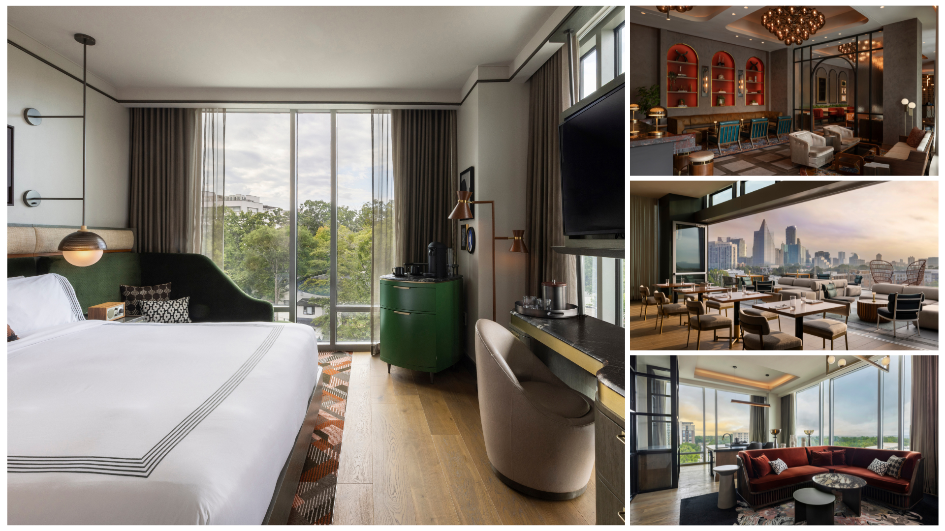 Luxury Atlanta hotel interiors featuring a modern guest room, sophisticated lounge, rooftop dining terrace overlooking the skyline at sunset, and a spacious suite with panoramic city views.