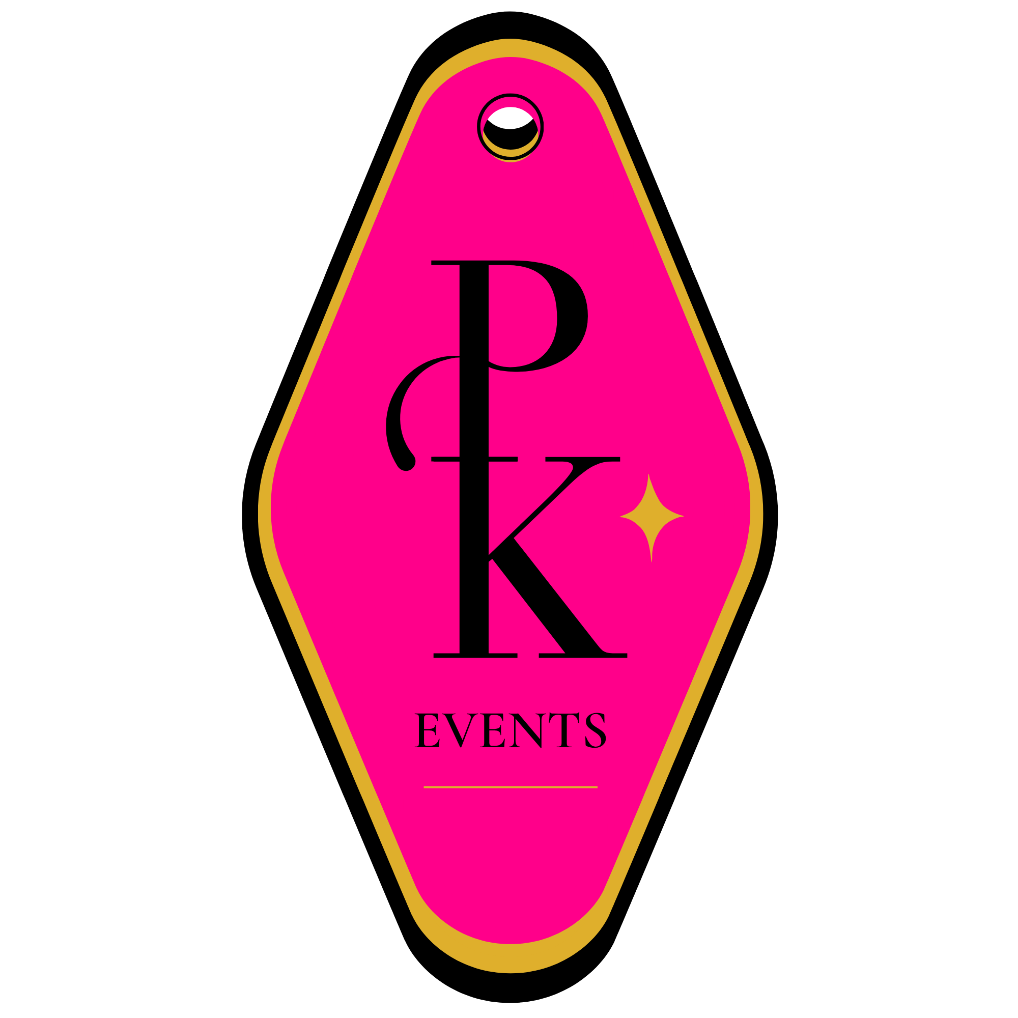 A pink and gold graphic of a raindrop with the words 'PARTY & EVENTS' written inside, and a small sparkle at the bottom right.