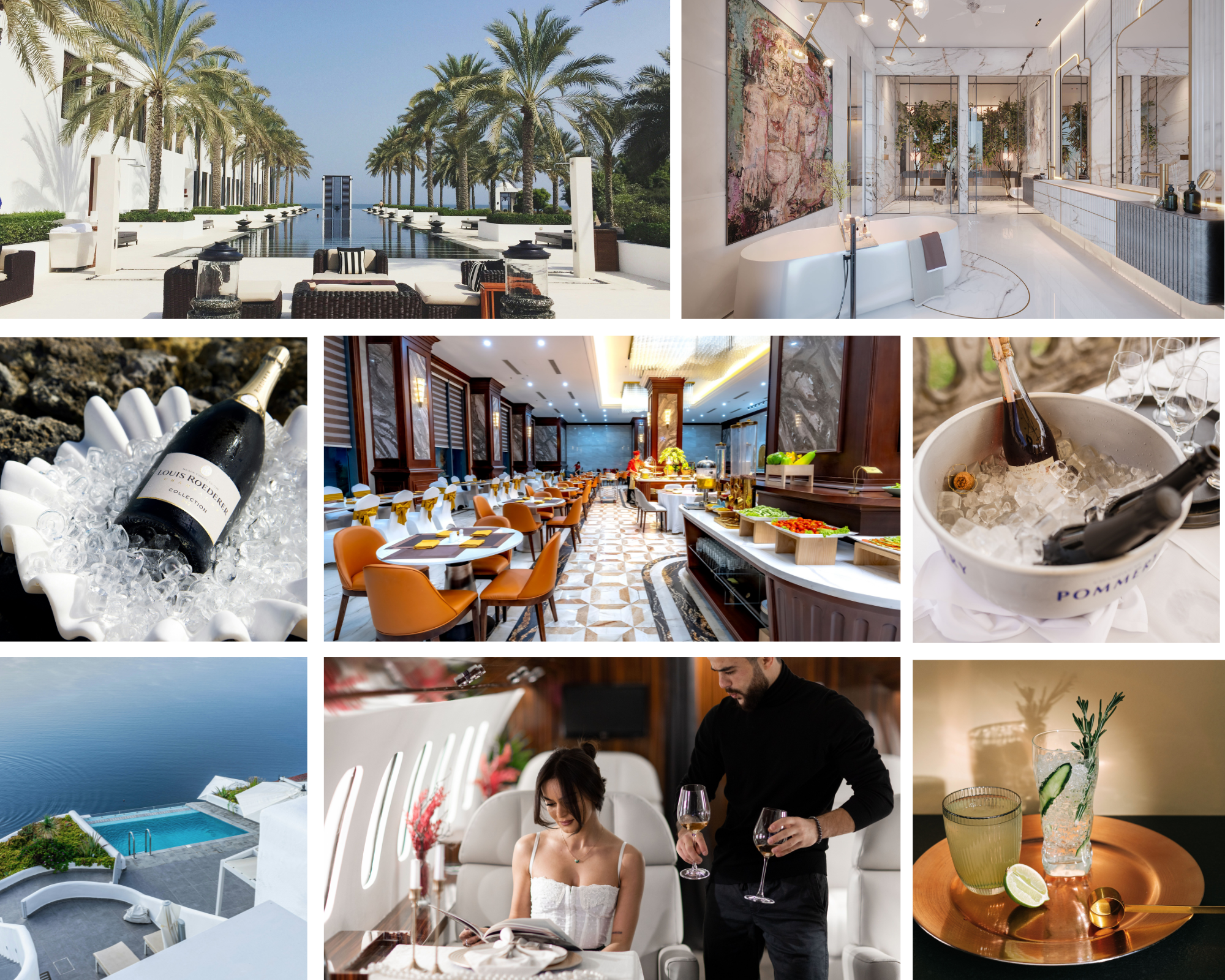 Luxury-travel collage featuring a palm-lined resort, marble bathroom, champagne, elegant dining, an ocean-view pool, private-jet service, and cocktails.