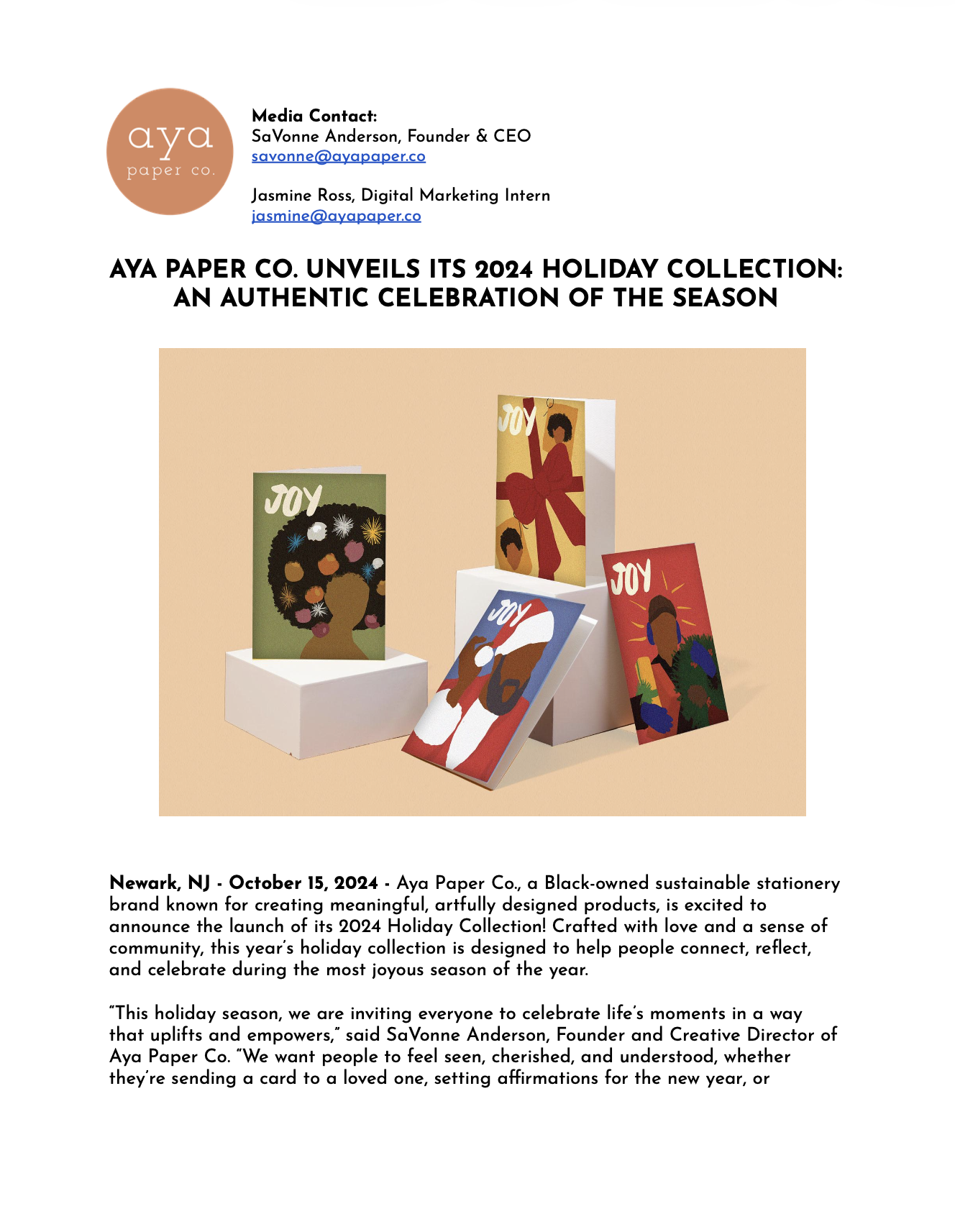 Graphic design of a news release announcing Aya Paper Co.'s 2024 holiday collection, with illustrations of diverse people celebrating, set against a peach background.