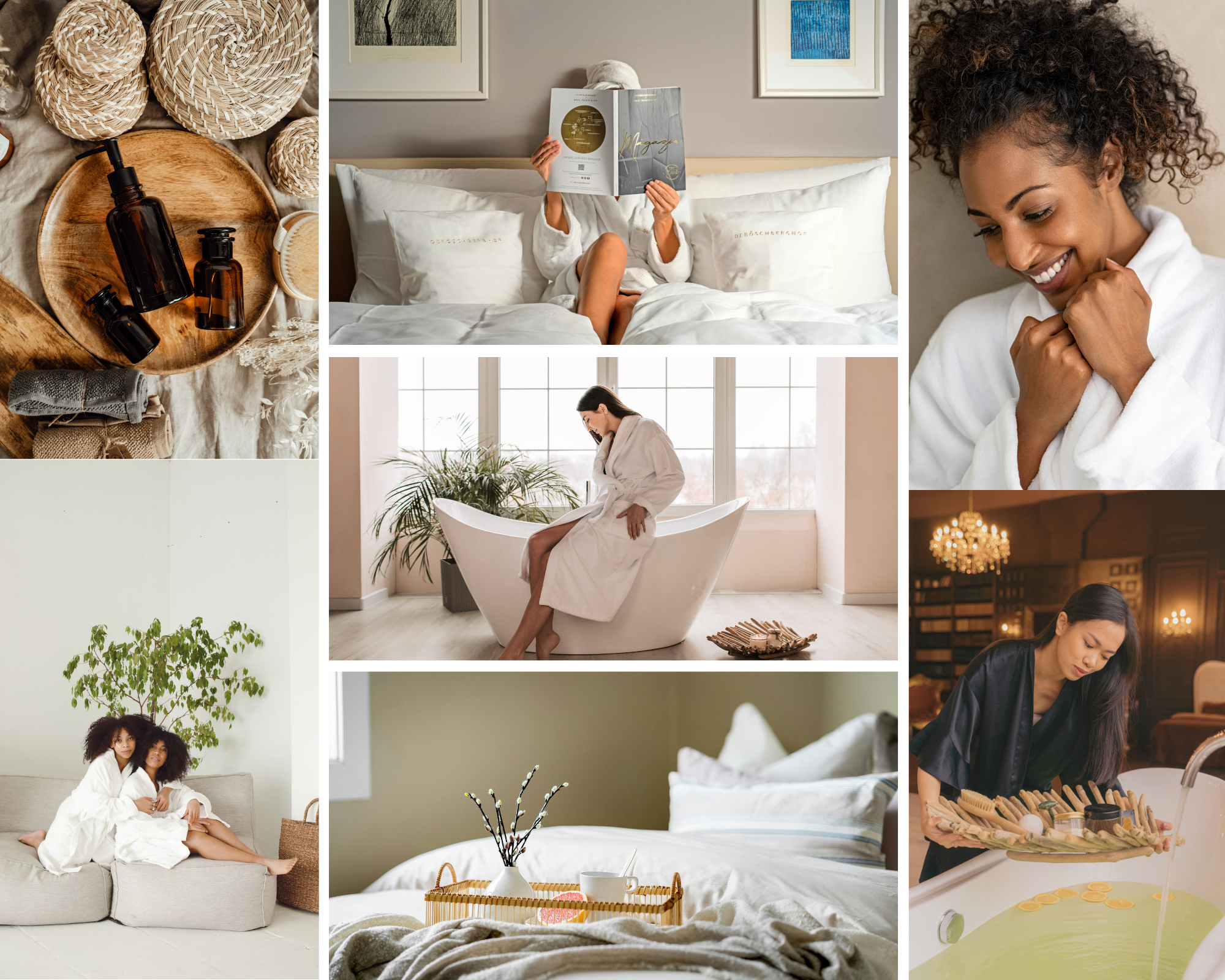 Wellness collage featuring bath oils, women relaxing in robes, reading in bed, a freestanding tub, breakfast tray, and a soothing spa treatment.