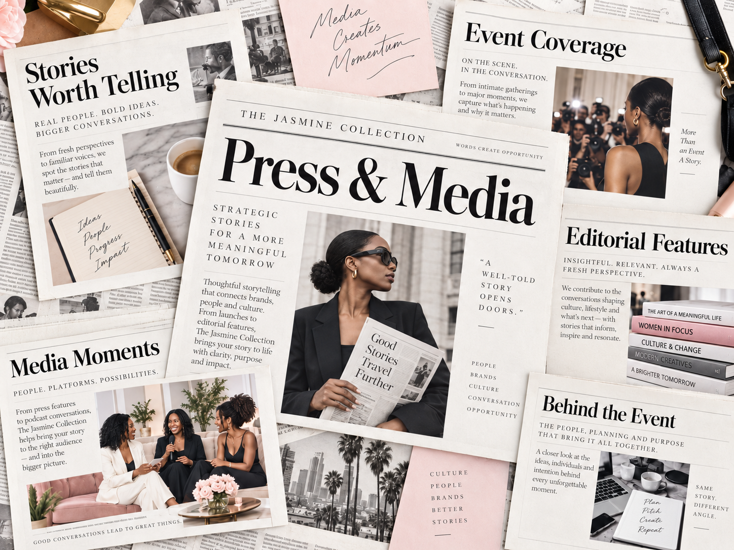 A collection of newspapers and magazines about media, press, storytelling, and event coverage. It features images of women, a woman holding a newspaper, and various headlines related to media and journalism.