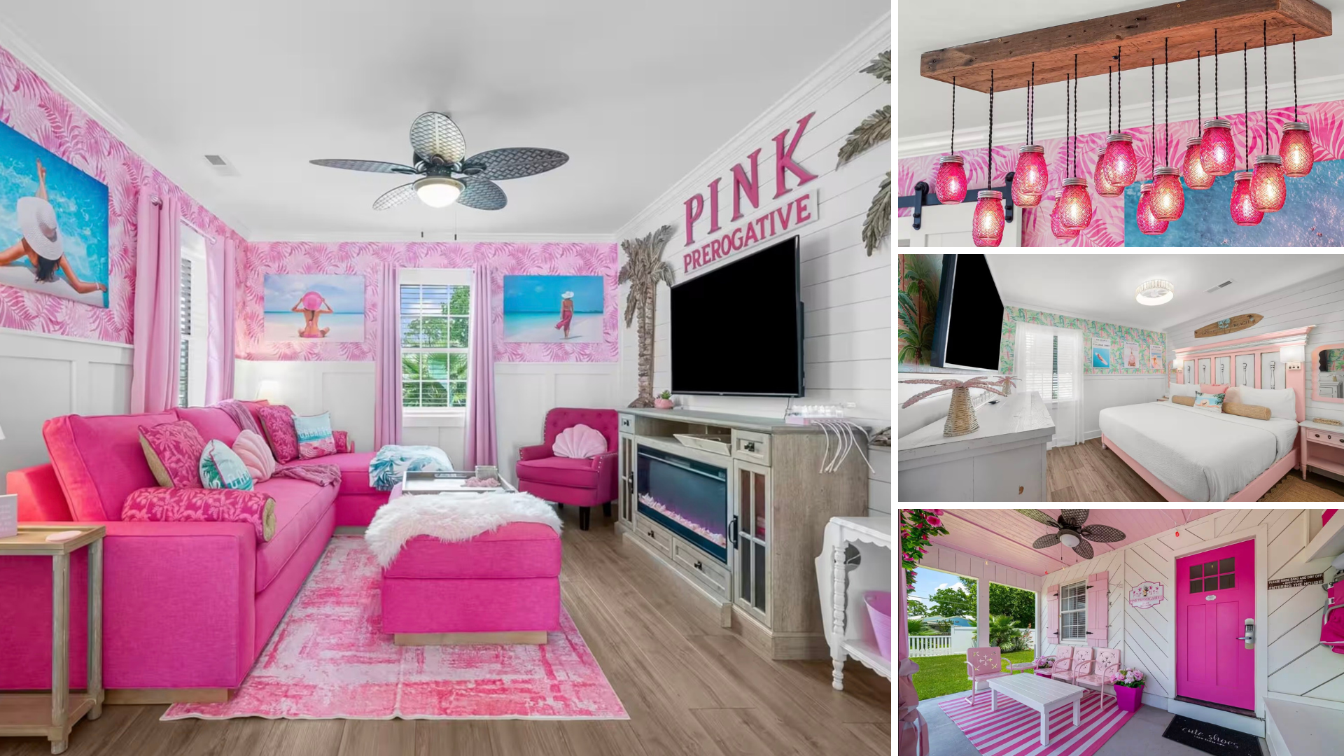 Collage of the Pink Prerogative vacation rental featuring a bright pink living room, pink mason jar pendant lights, a tropical-inspired bedroom, and a front porch with pink seating and decor.