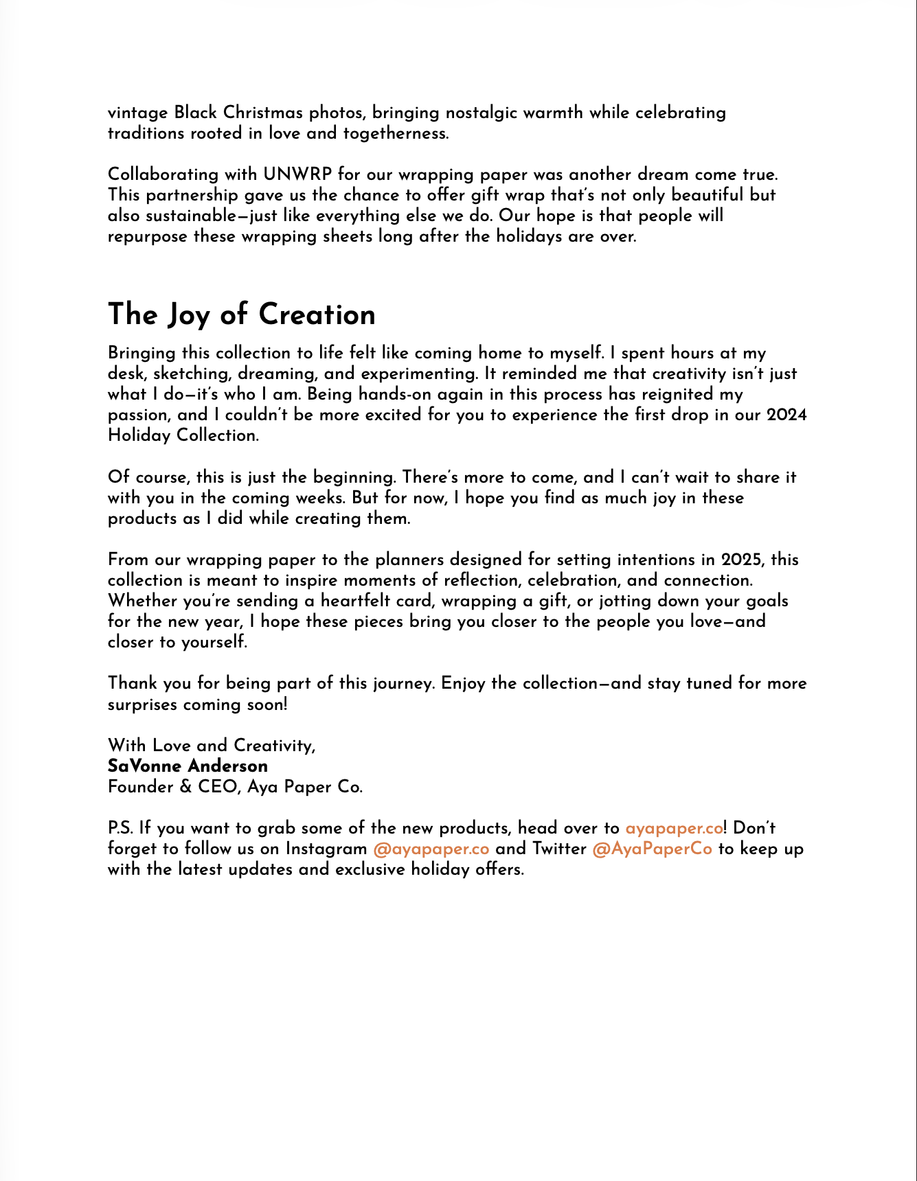 Letter from SaVonne Anderson about holiday gift wrapping initiative collaborating with UNWRP, discussing the collection, creativity, and upcoming products, ending with social media and website links.