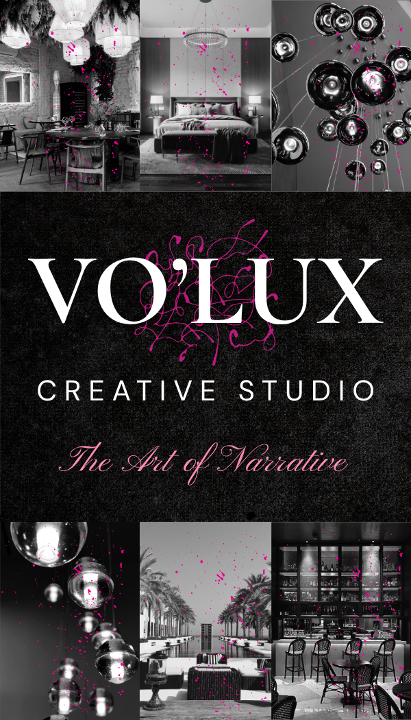 A collage of modern interior and exterior spaces, with a logo for Voleux Creative Studio in the center, featuring black, white, and pink accents.