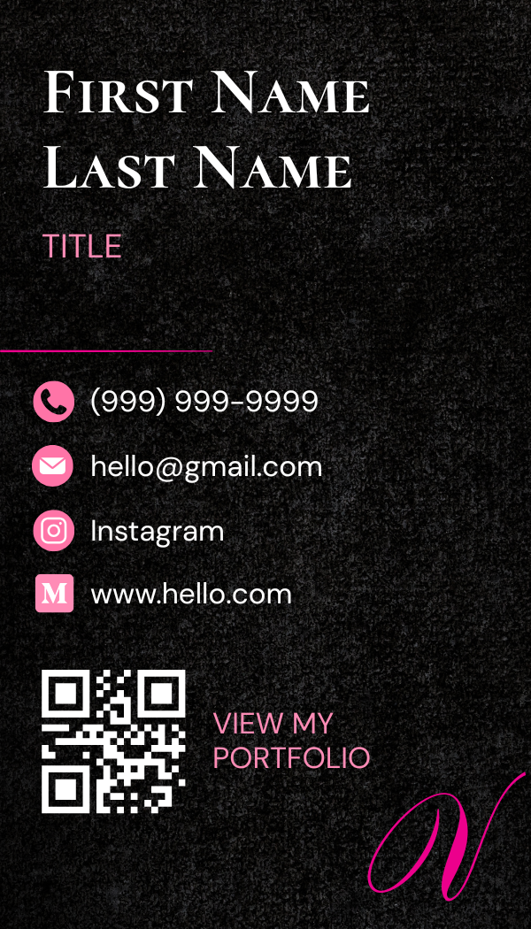 A professional business card with a black background and white text displaying the placeholder name 'First Name Last Name' and a pink placeholder title. It includes icons and contact information for phone, email, Instagram, and website, along with a QR code and the pink text 'View My Portfolio' at the bottom right.