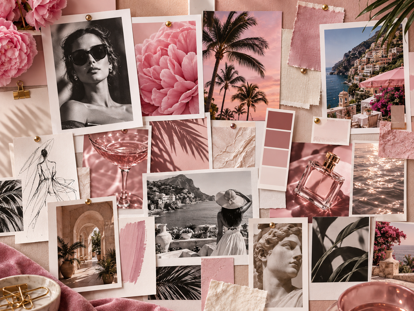 A collage of photos and swatches with pink, black, and white tones, featuring tropical landscapes, a woman with a wide-brimmed hat, flowers, a sculpture, and a perfume bottle.