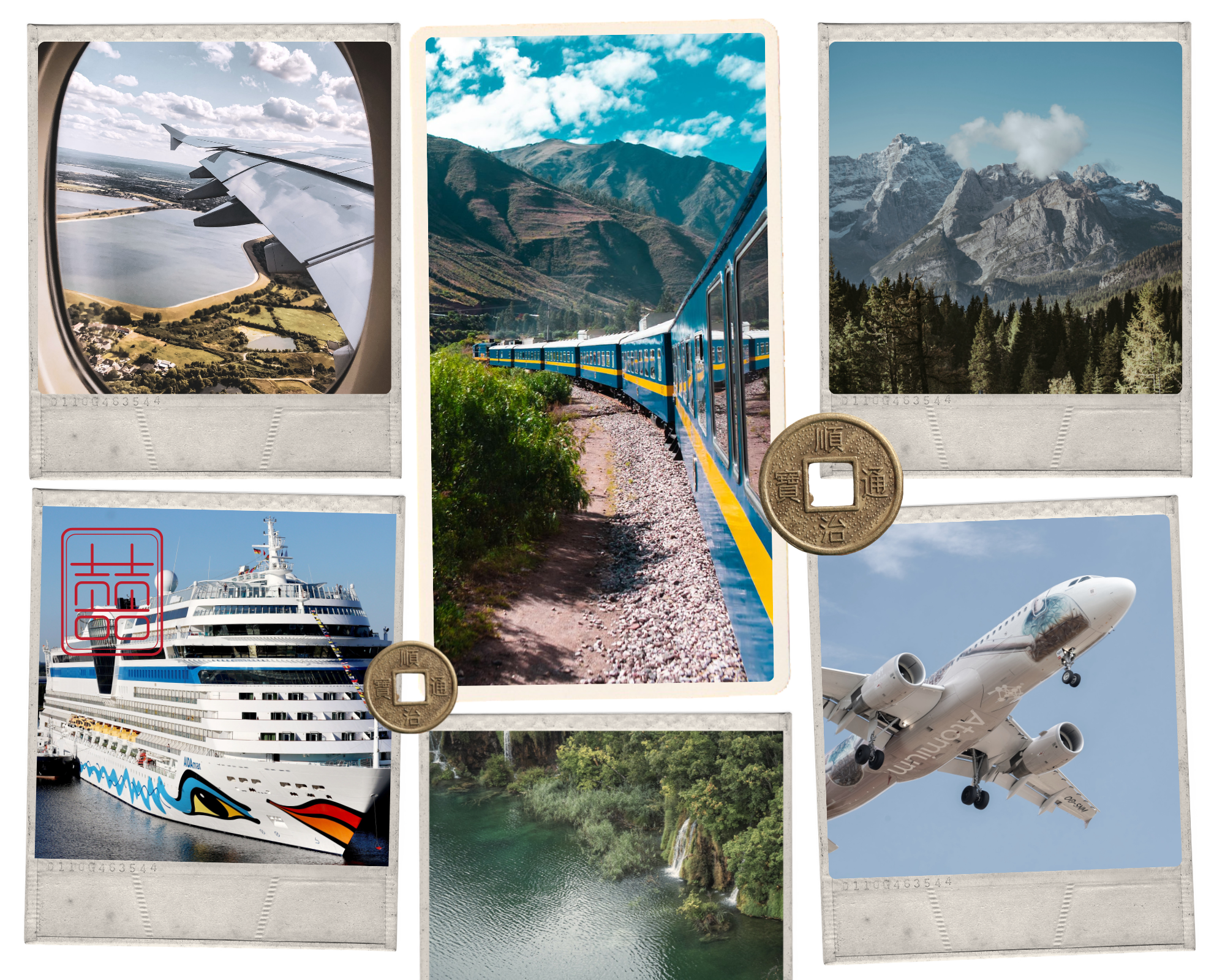 Travel collage featuring an airplane-window view, mountain train, cruise ship, passenger jet, forest waterfall, and snowcapped peaks.